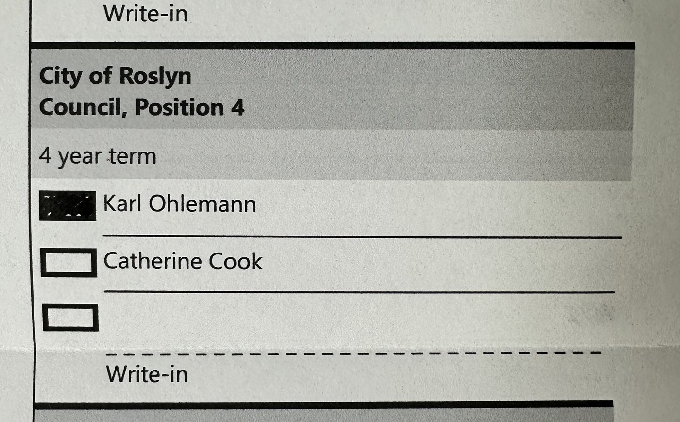 2023 ballot excerpt showing the Roslyn City Council Position 4 race