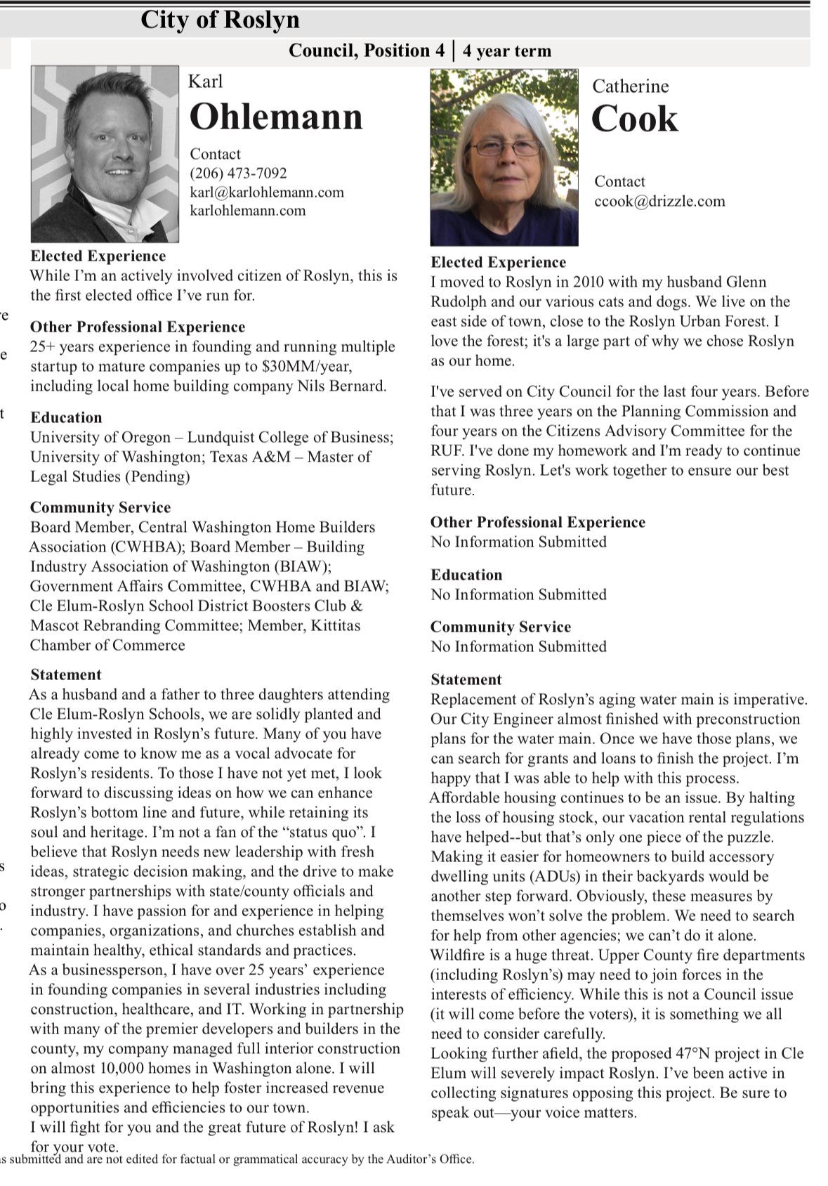 2023 voters' pamphlet page for Roslyn City Council Position 4, including Karl Ohlemann
